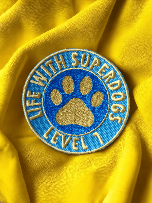 A blue and gold embroidered paw print badge on a yellow background. 