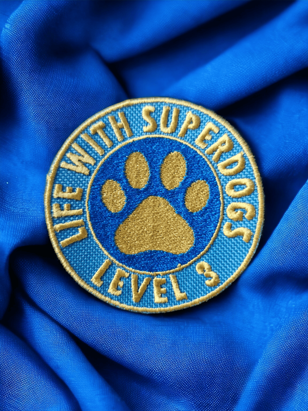 A blue and gold embroidered paw print badge on a royal blue background.