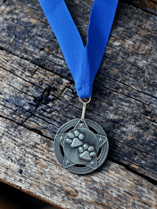 A silver medal featuring two paw prints on a star background with a blue ribbon, placed on a wooden table. 