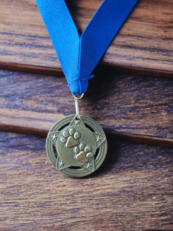 A gold medal featuring two paw prints on a star background with a blue ribbon, placed on a wooden table. 